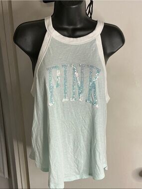 PINK Sequin Logo Tank Top in Mint